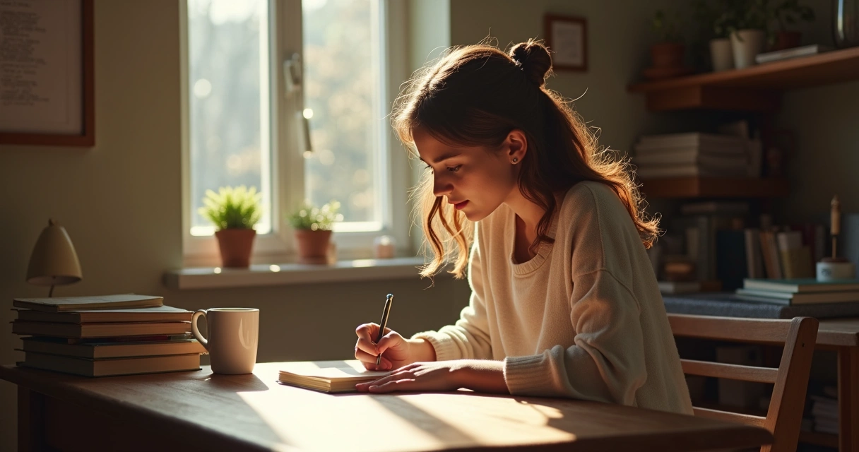 Pessoa escrevendo em um caderno durante reflexão solitária
