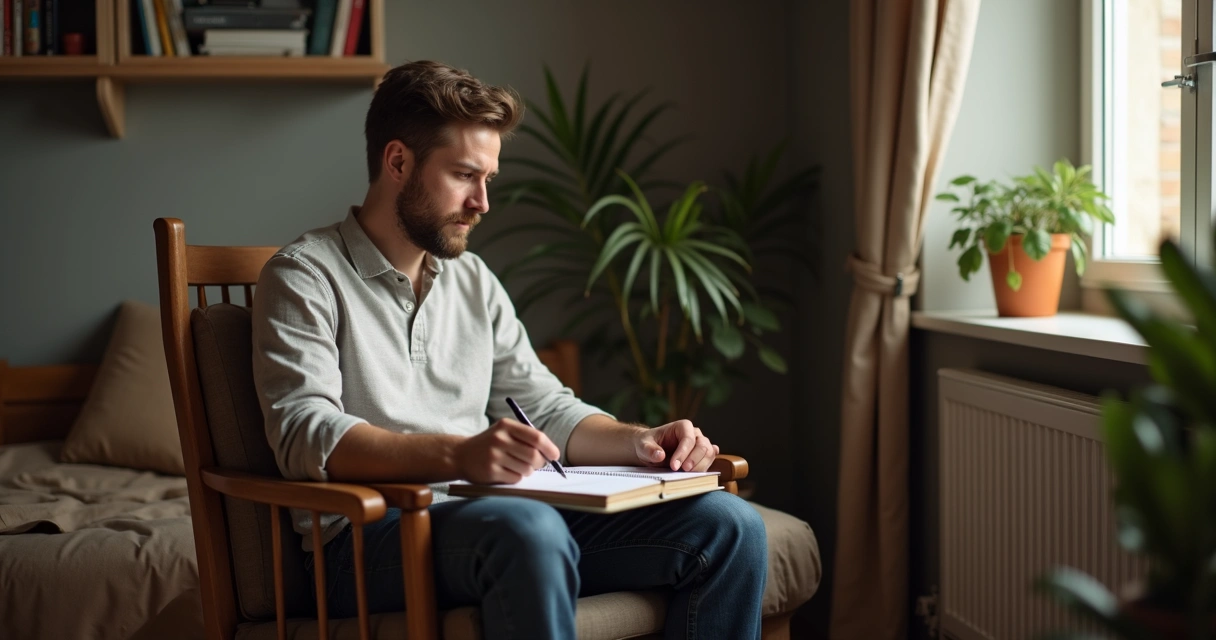 Homem sentado em cadeira sozinho, com bloco de notas no colo em ambiente tranquilo 