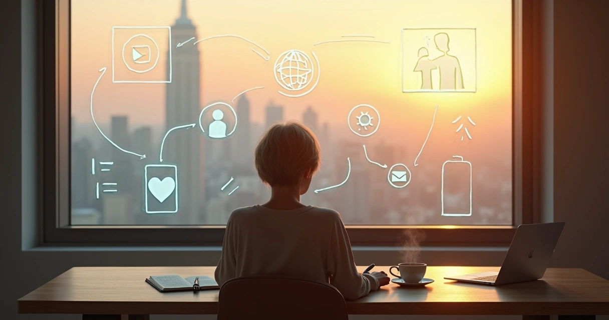 Pessoa refletindo sozinha diante de um painel com escolhas e dilemas modernos 