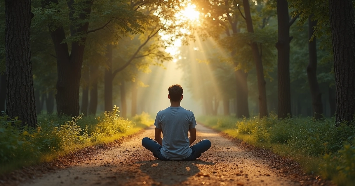 Pessoa sentada refletindo em um caminho de terra, árvores em ambos os lados 