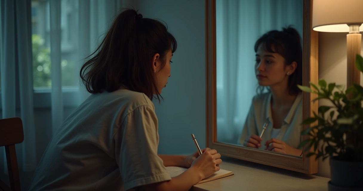 Pessoa refletindo em frente ao espelho com caderno na mão