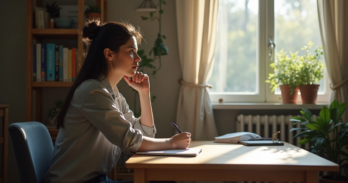Pessoa sentada refletindo sobre suas ações em ambiente tranquilo 