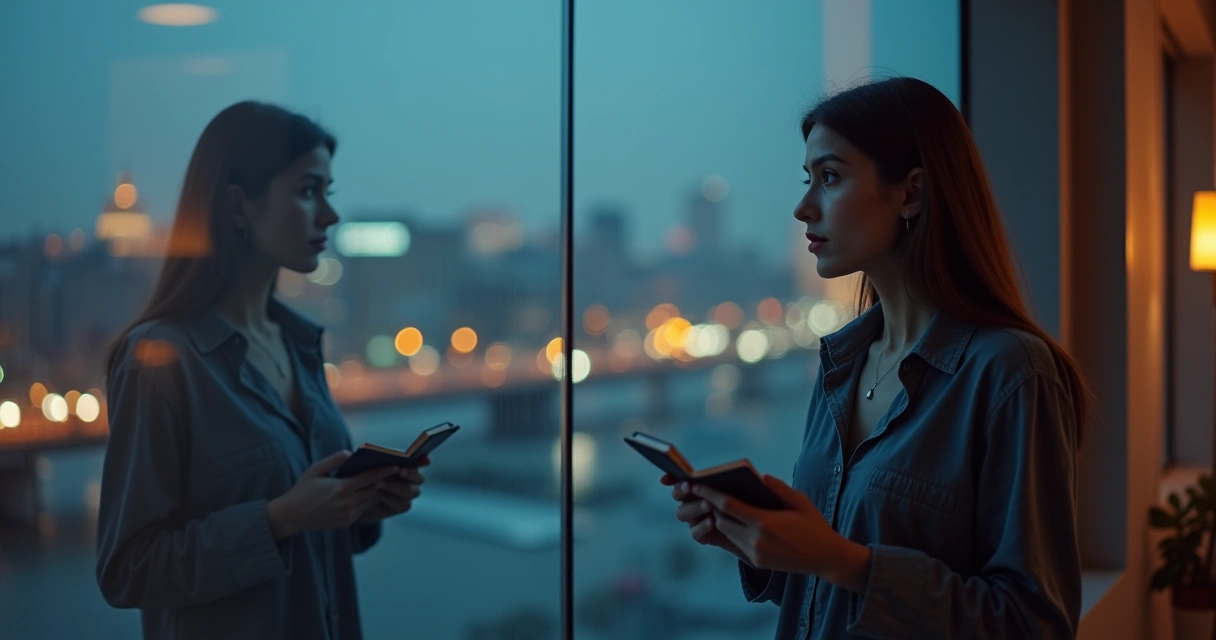 Pessoa olhando o próprio reflexo em janela, refletindo sobre escolhas 