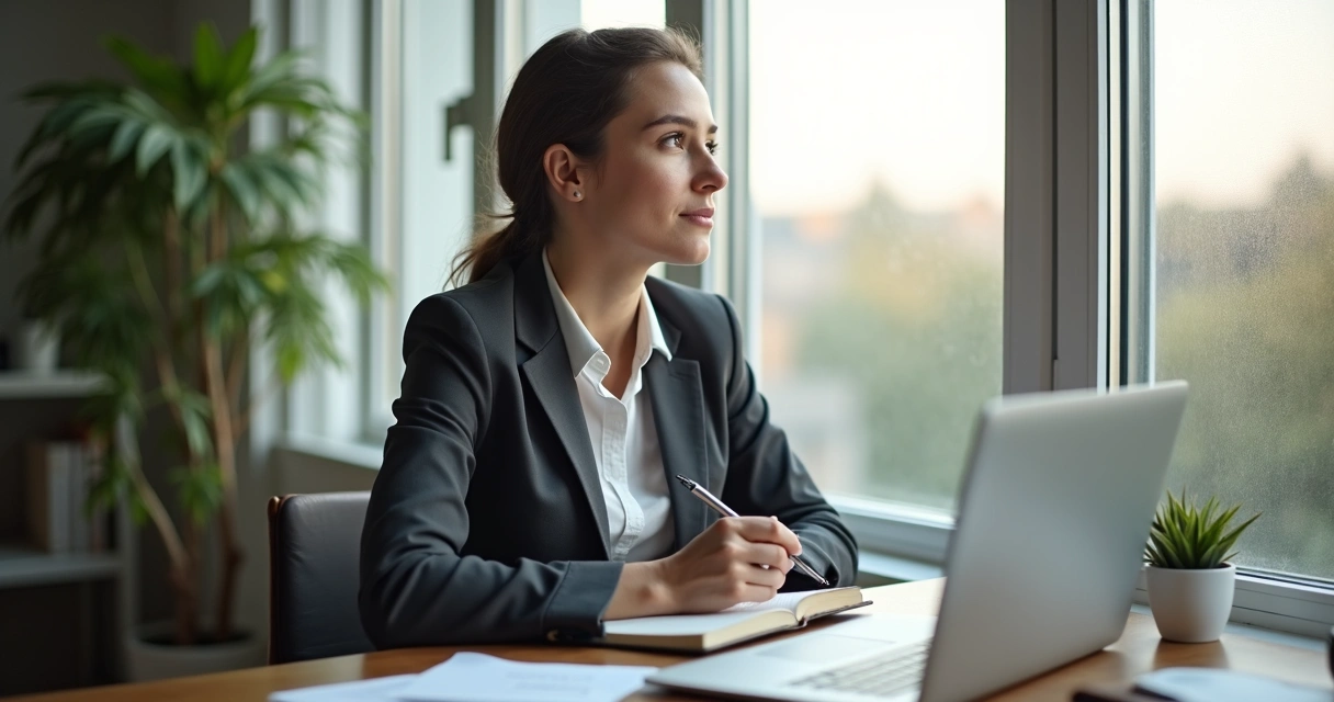 Mulher sentada olhando pela janela, refletindo com um caderno aberto 