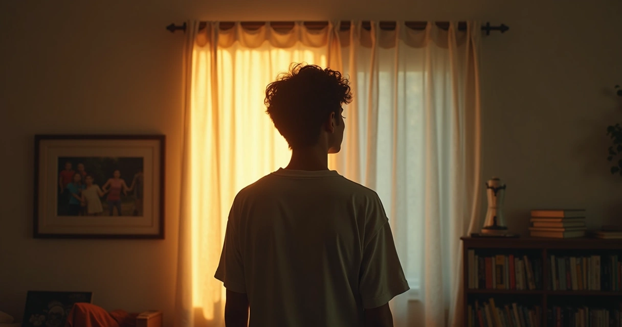 Pessoa refletindo na frente de espelho com imagens culturais ao fundo 