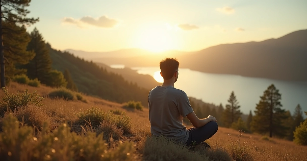 Pessoa sentada sozinha em cenário natural, olhando para horizonte e pensando. 