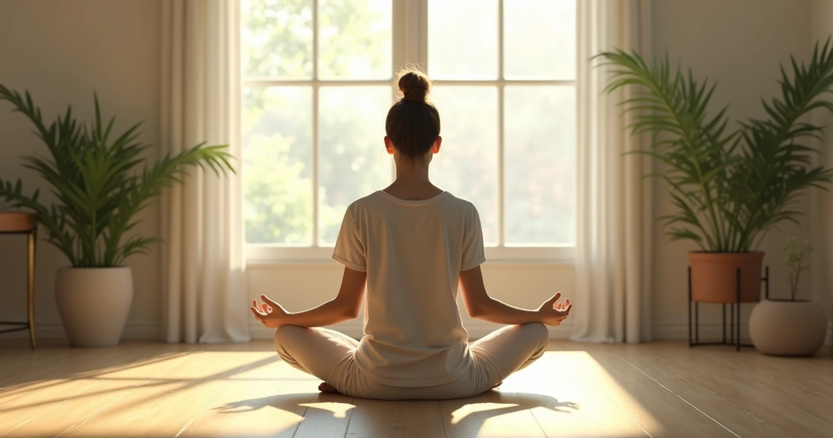 Pessoa sentada em posição de reflexão em ambiente calmo e iluminado 