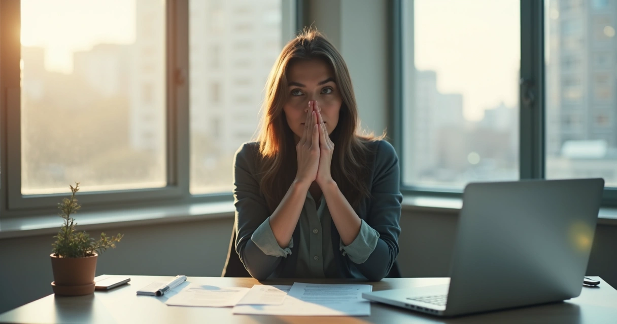 Pessoa sentada sozinha, refletindo em ambiente de trabalho com luz suave