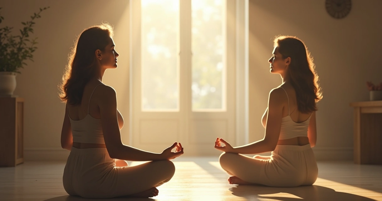 Pessoa sentada em posição meditativa olhando para si mesma 