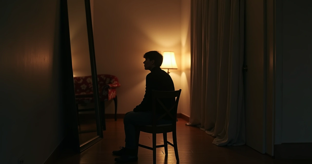 Pessoa olhando para o próprio reflexo em um ambiente escuro, sugerindo introspecção 