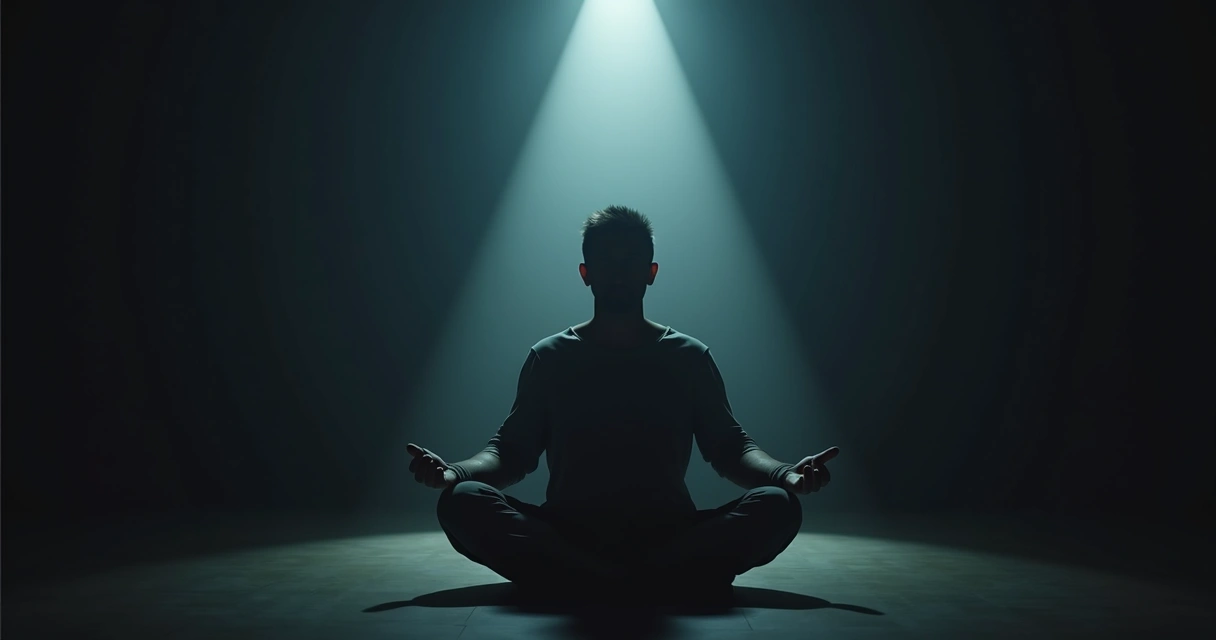 Homem sentado meditando com feixe de luz na cabeça em ambiente escuro 