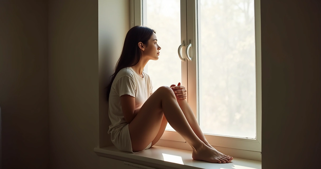 Pessoa sentada olhando pela janela em postura de reflexão 