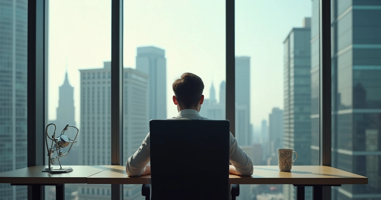 Homem encostado em cadeira de escritório olhando para janela, ar pensativo, escritório moderno ao fundo 