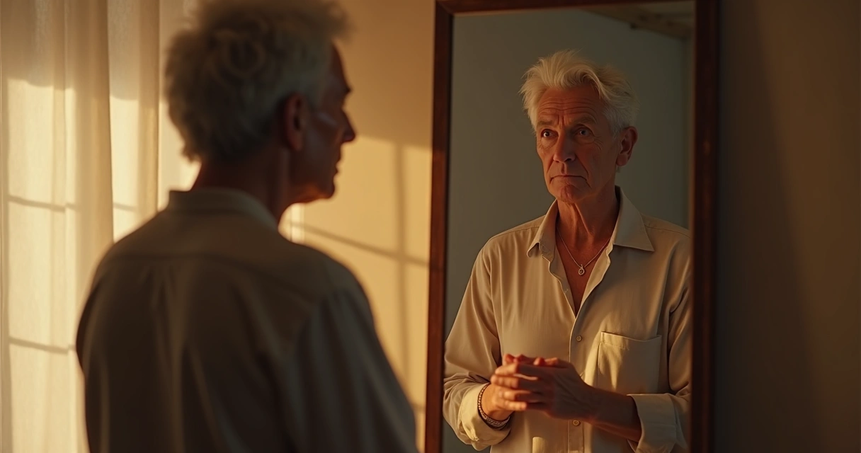 Pessoa frente a um espelho, refletindo em ambiente sereno com luz suave. 