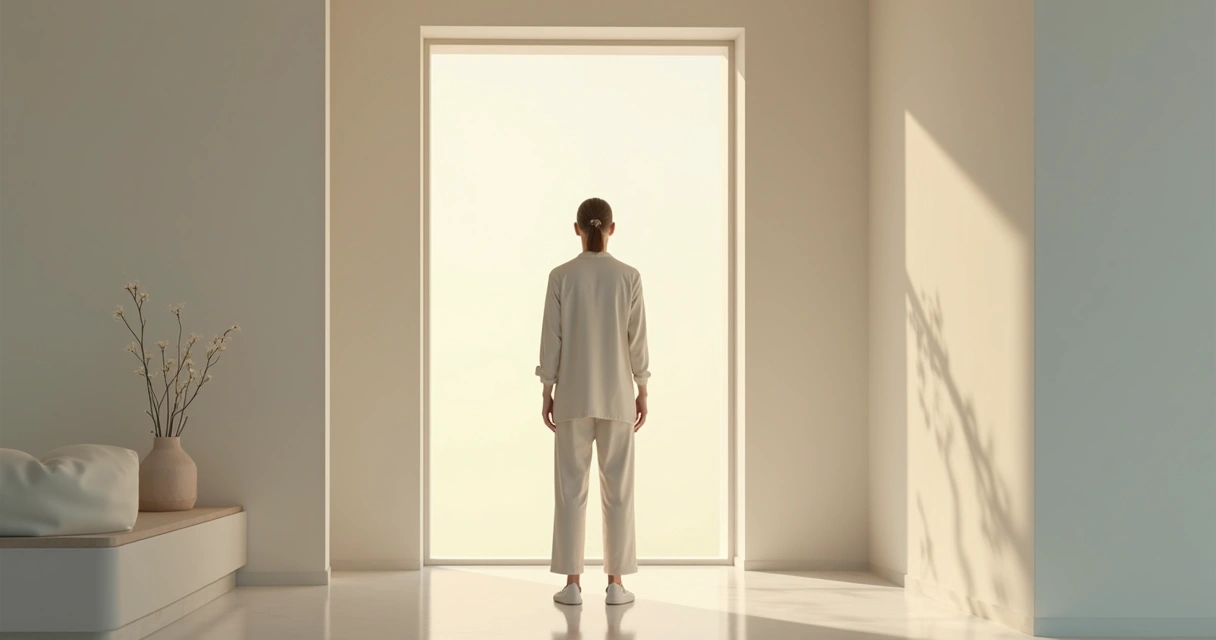 Pessoa diante de um espelho, olhando para si mesma com serenidade.