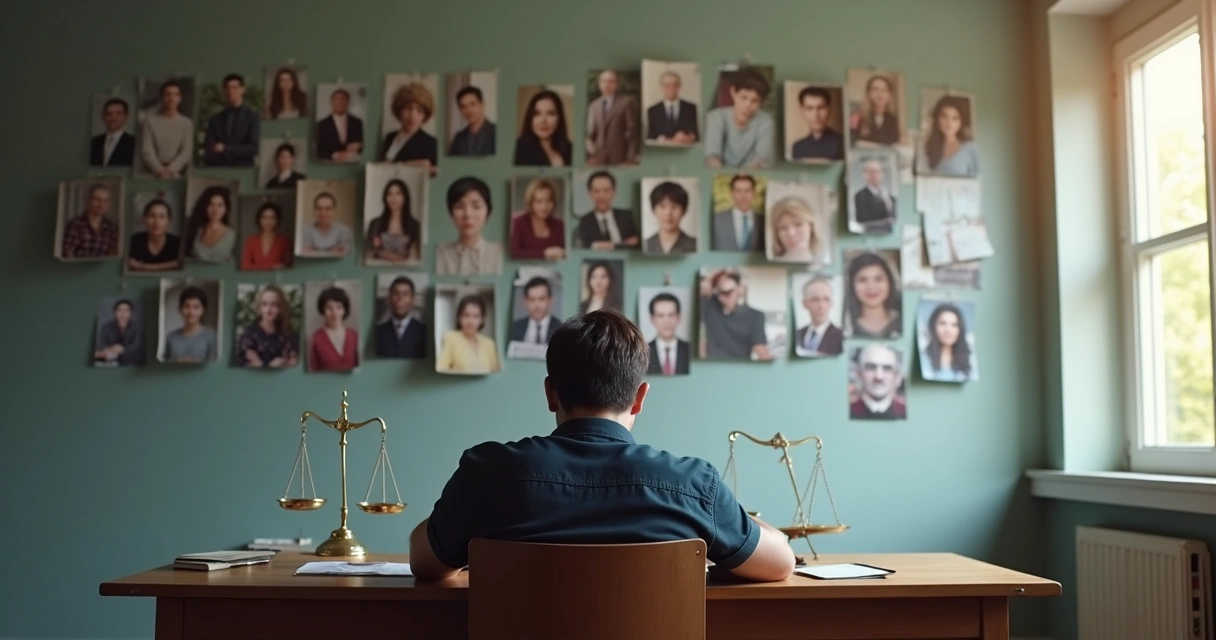 Pessoa refletindo diante de uma parede com imagens de pessoas e símbolos de justiça 