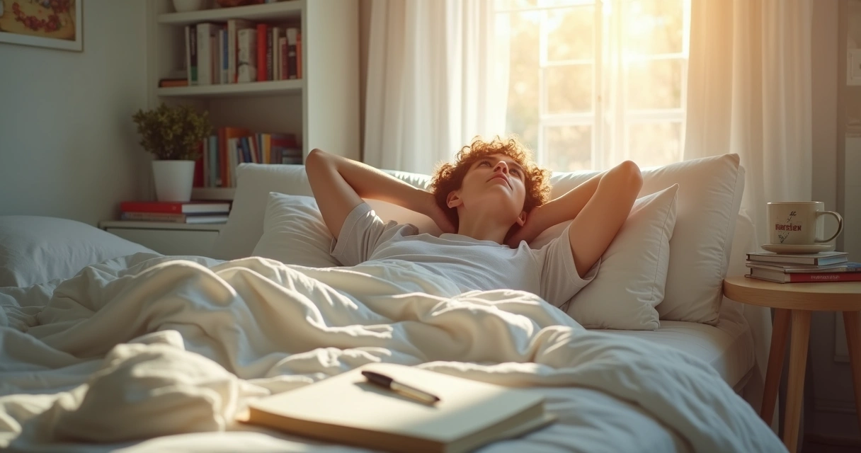 Pessoa deitada na cama olhando para o teto refletindo 