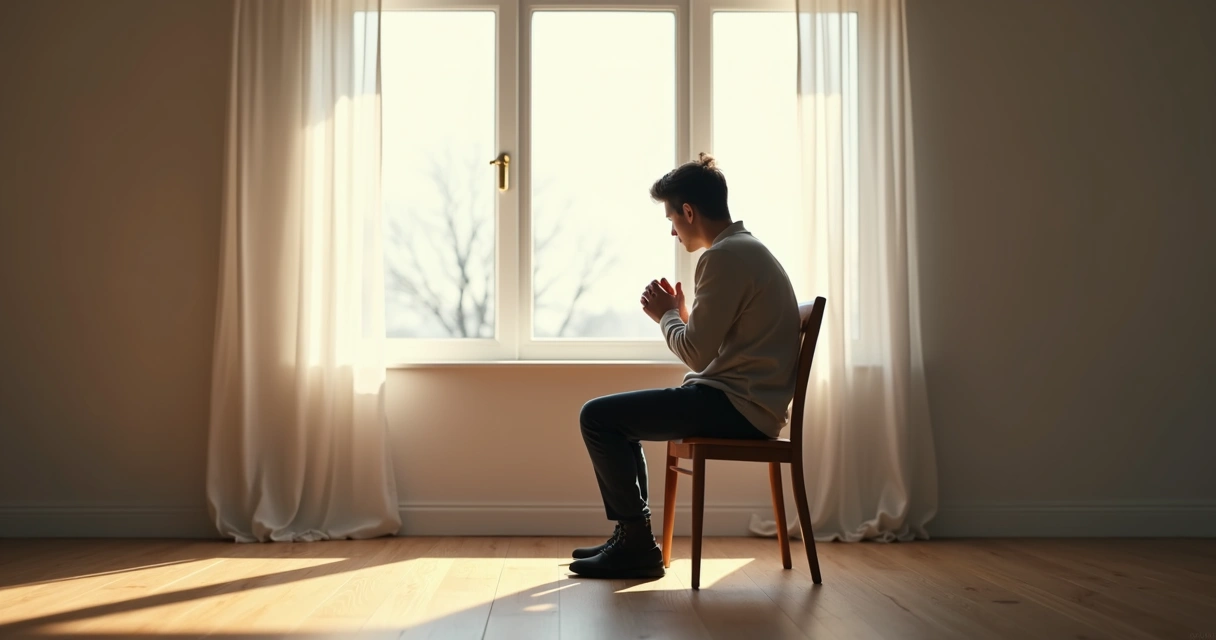 Jovem sentado sozinho em cadeira, olhando para fora de uma janela iluminada.