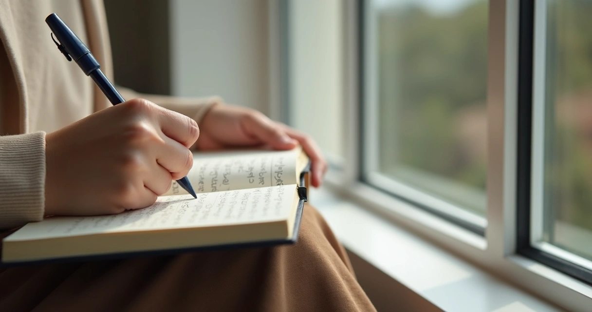 Pessoa escrevendo em caderno perto da janela com luz suave 