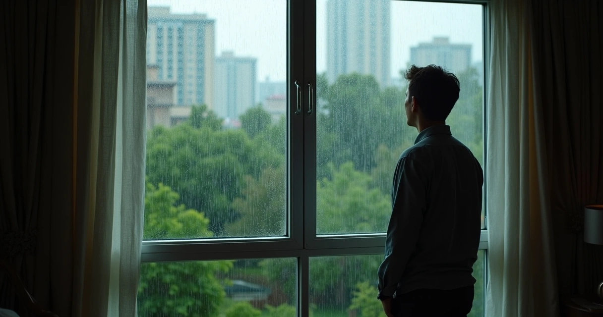 Pessoa olhando através de janela com chuva caindo, aparentando reflexão