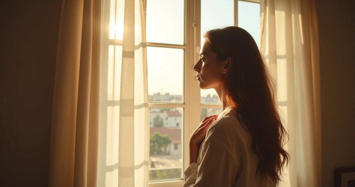 Pessoa olhando para fora de uma janela com luz natural, expressão de reflexão. 