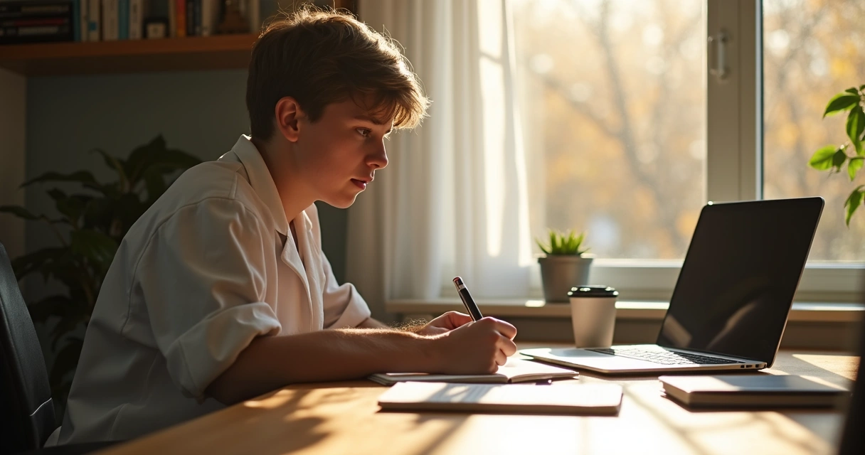 Pessoa escrevendo em diário de papel em ambiente calmo 