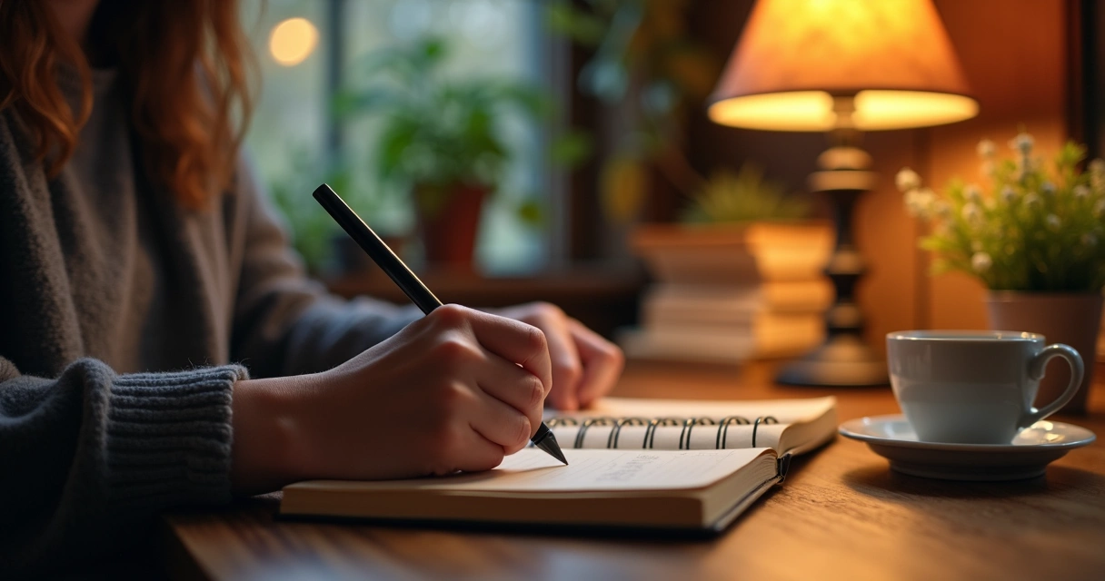 Pessoa escrevendo em diário à mesa, com ambiente acolhedor 