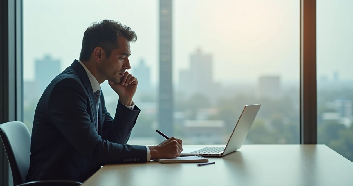 Líder refletindo antes de tomar decisão no escritório