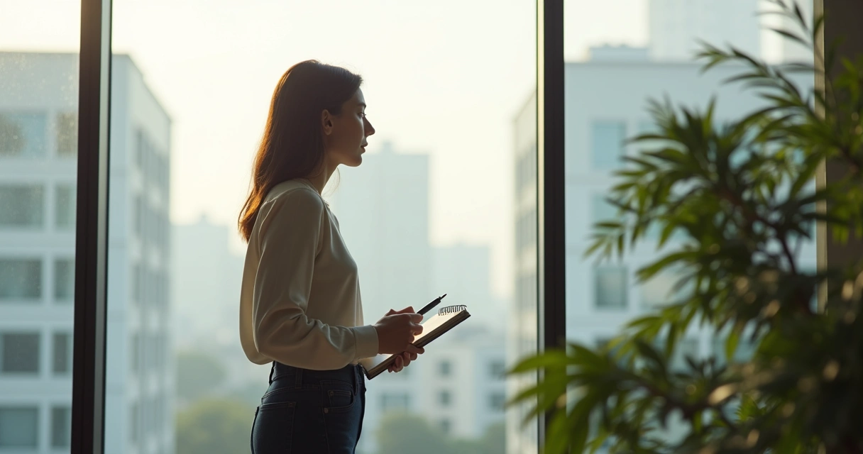 Pessoa de frente para uma janela grande, olhando pensativo para fora enquanto segura um bloco de anotações