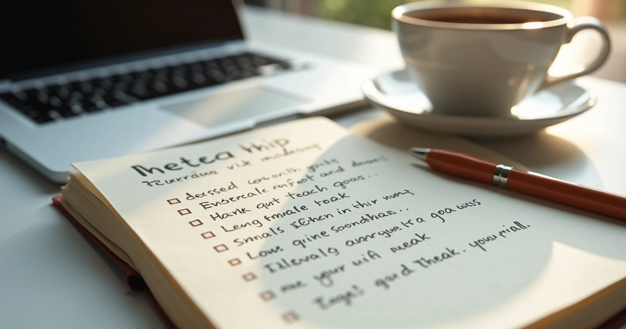 Caderno aberto com anotações de reflexão sobre liderança em mesa de trabalho 