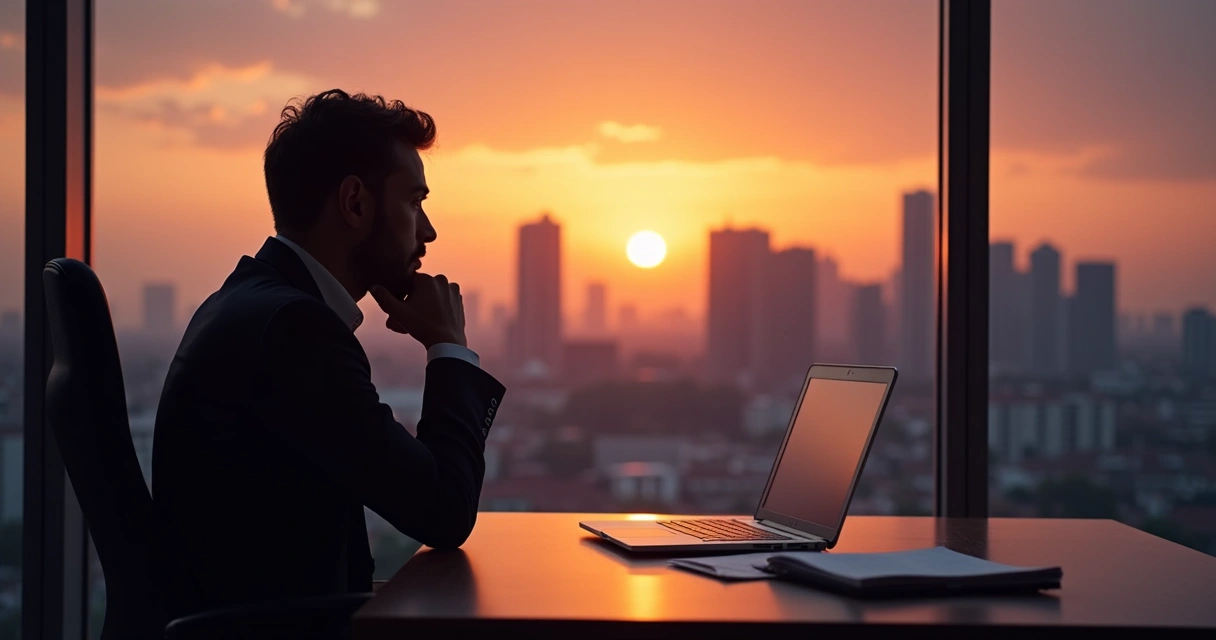 Pessoa refletindo sozinha em escritório ao pôr do sol