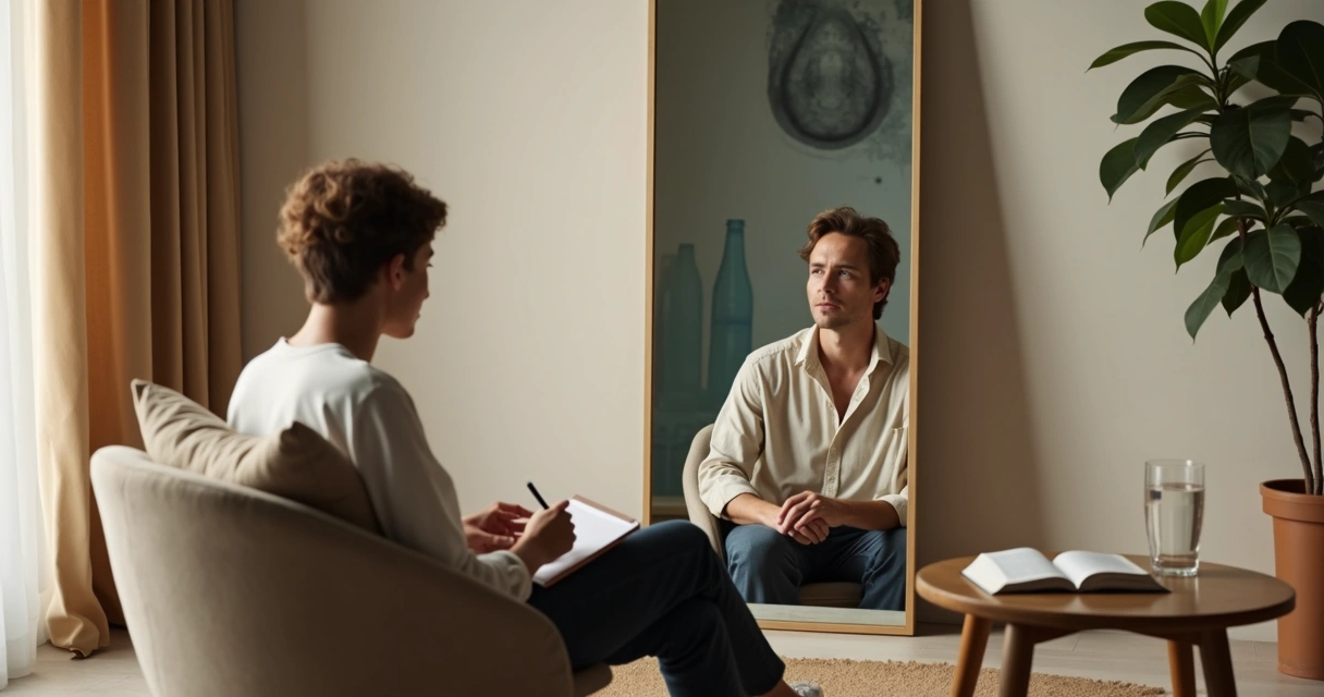 Pessoa refletindo diante do espelho com expressões emocionais diferentes 