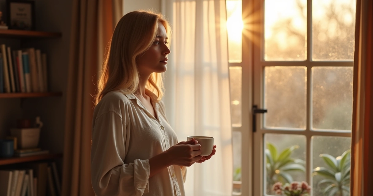 Pessoa olhando pela janela, segurando uma xícara, refletindo no começo do dia 