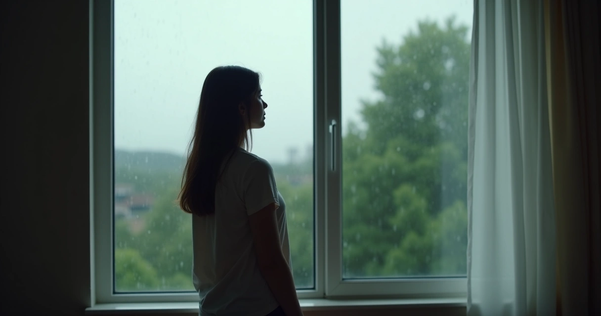 Pessoa olhando pela janela em atitude de reflexão.