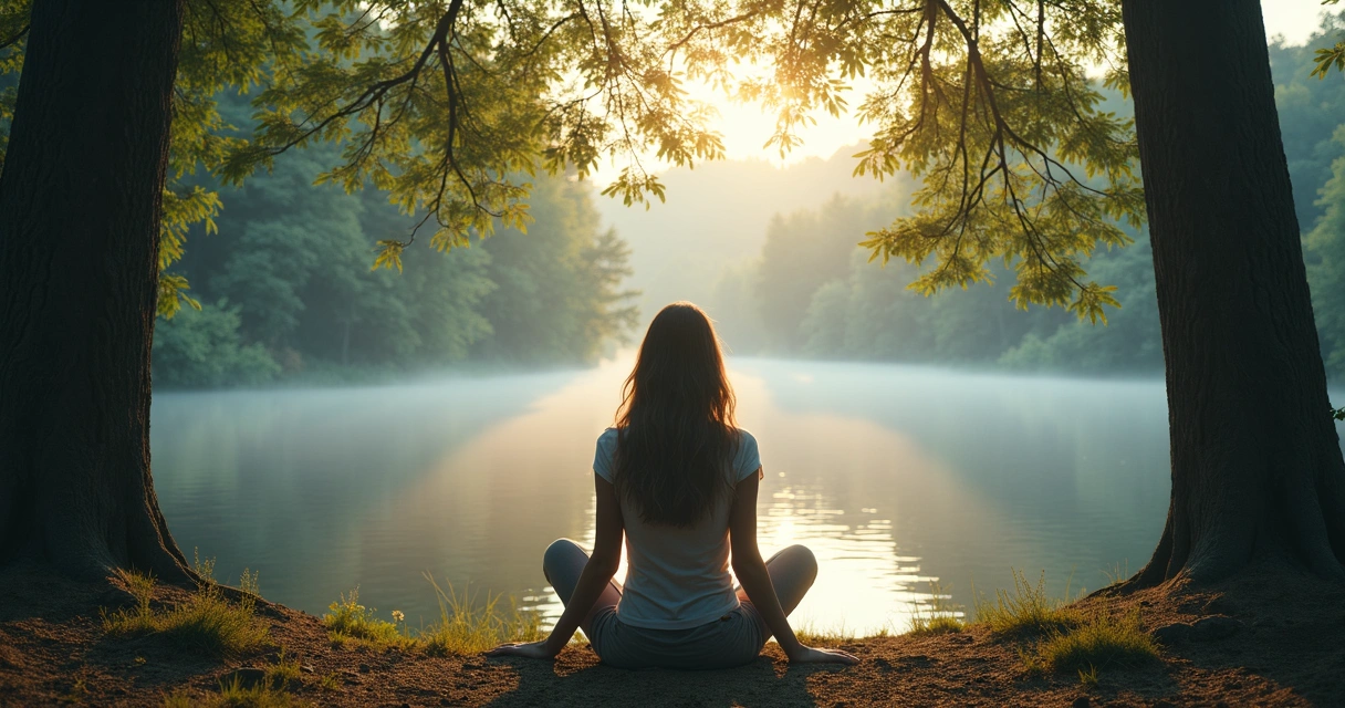 Pessoa refletindo sentada em frente a um lago, árvores ao fundo 