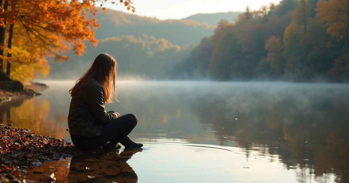 Mulher sentada à beira de um lago, refletindo, com árvores ao fundo 