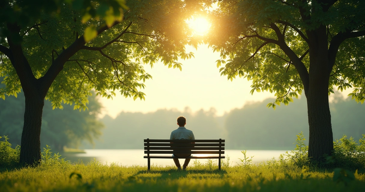 Pessoa olhando o horizonte sentada em um banco em meio à natureza, árvores ao redor e luz suave. 