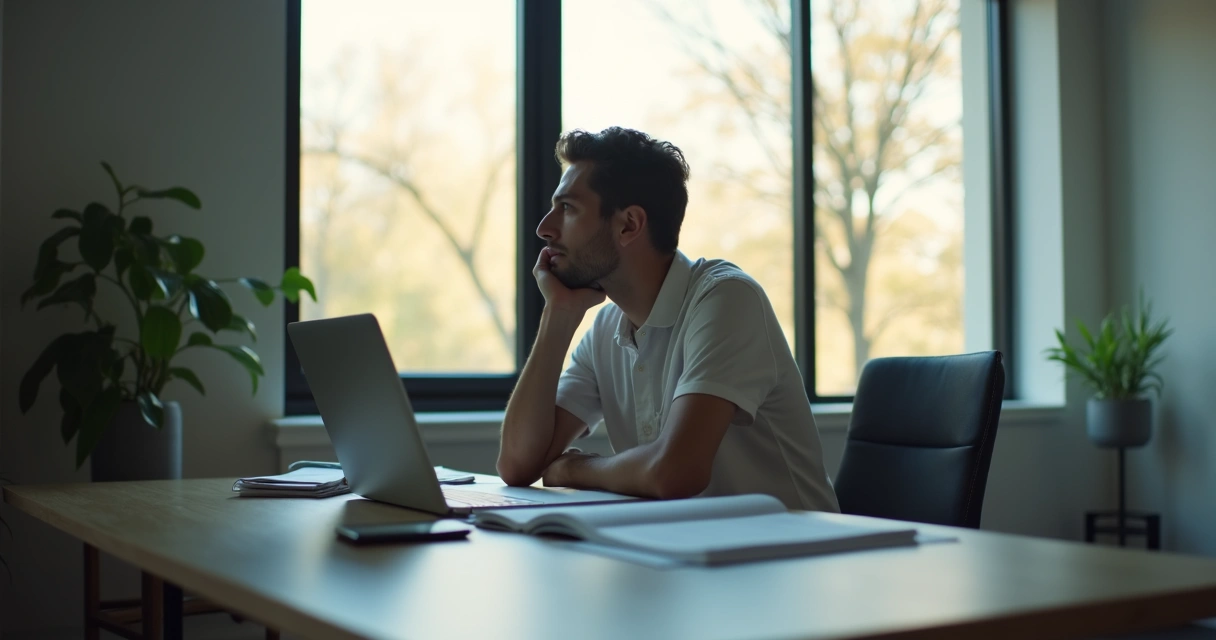 Pessoa refletindo sentada à mesa de trabalho, olhando para a janela 