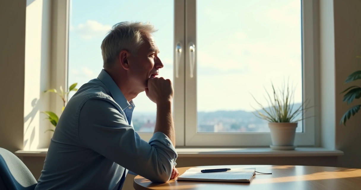 Pessoa olhando para o horizonte sentada em ambiente de trabalho