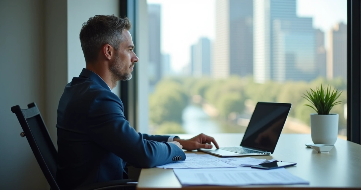 Pessoa em ambiente de trabalho olhando pensativa para uma janela, com papéis e computador na mesa.