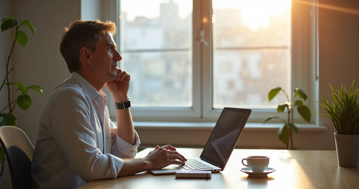 Profissional em pausa reflexiva no trabalho
