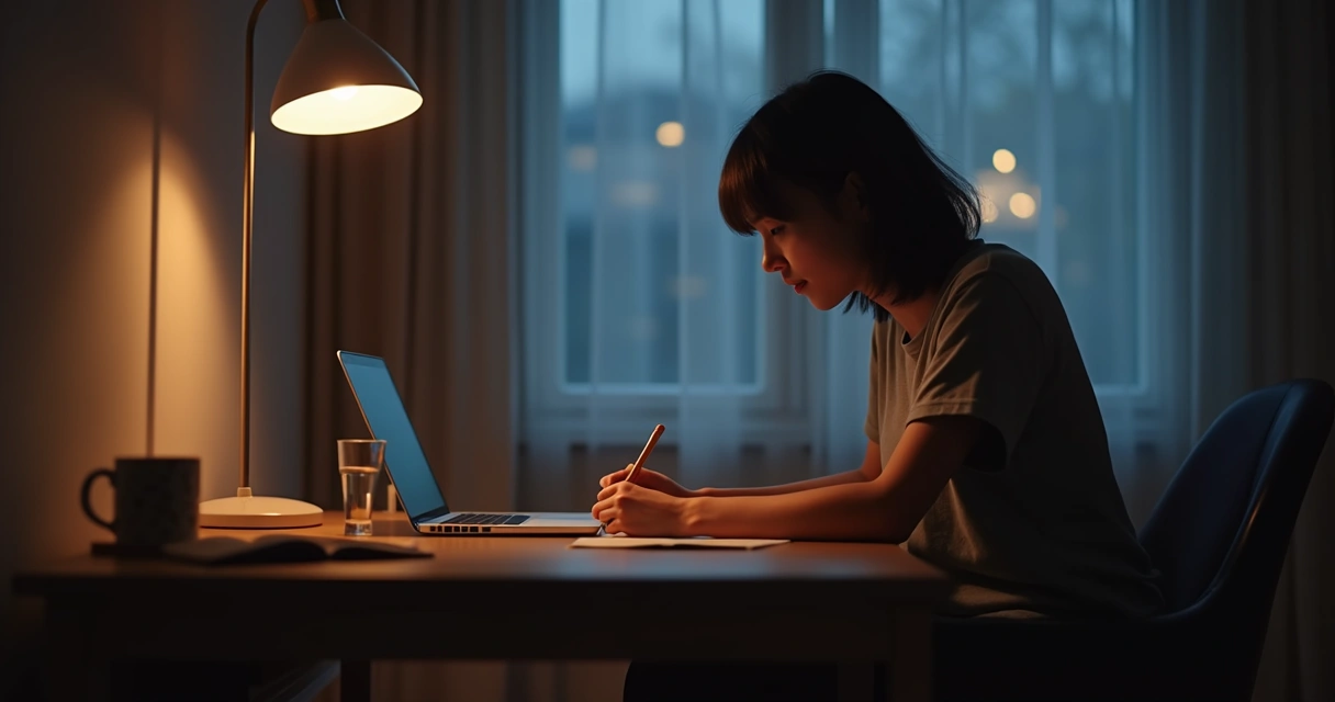 Pessoa escrevendo reflexão noturna à luz suave