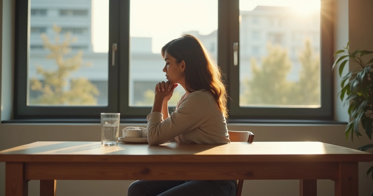 Mulher sentada à mesa olhando para fora de uma janela com expressão reflexiva 