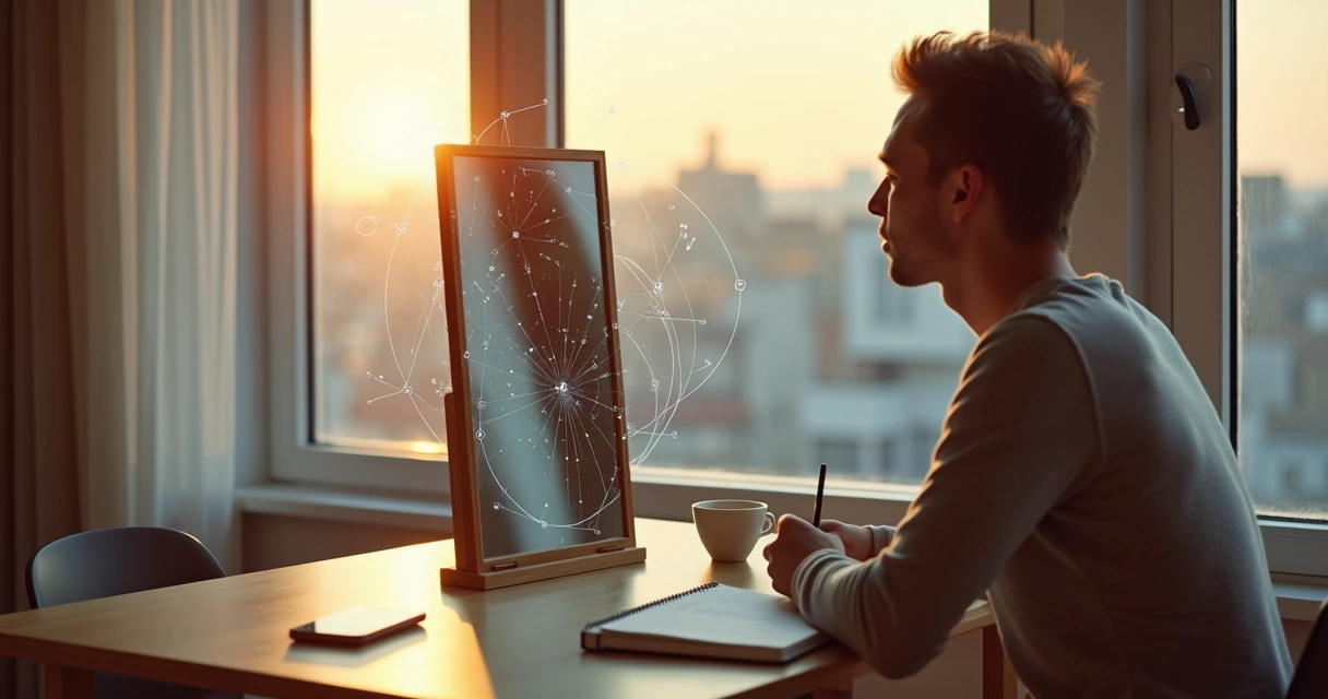 Pessoa refletindo diante de um espelho com sobreposição de padrões mentais abstratos 