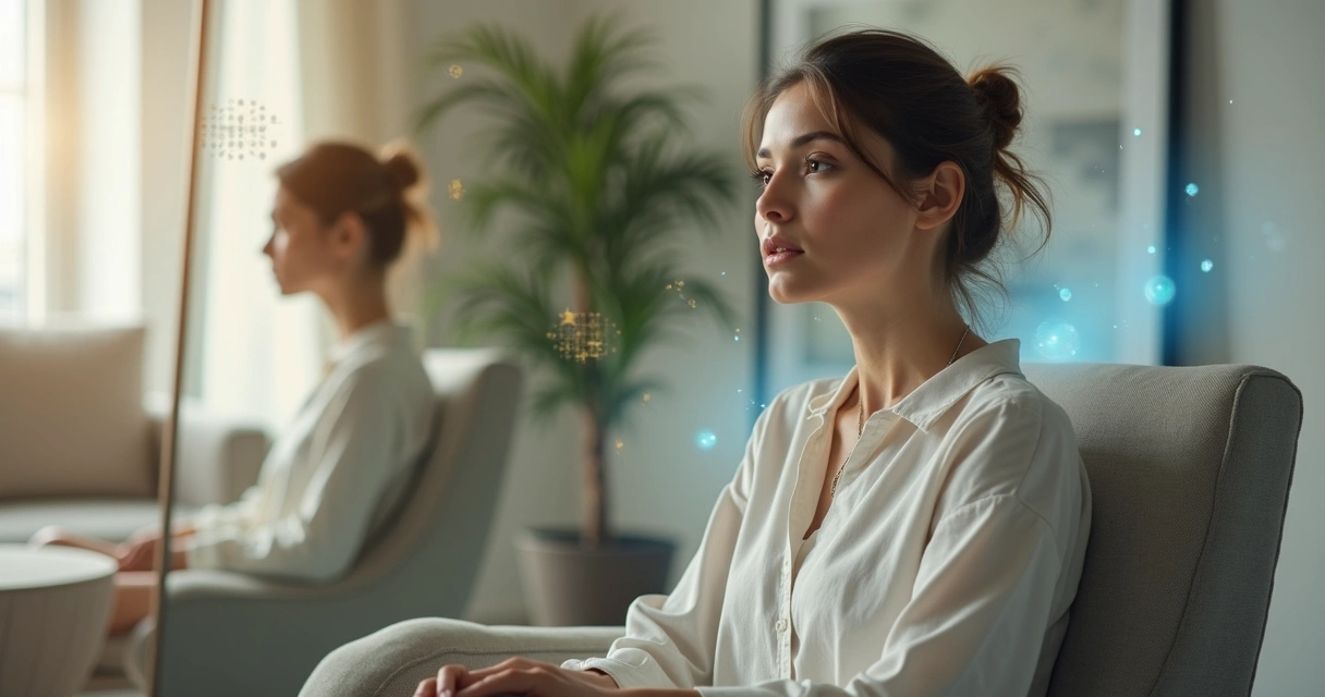 Pessoa refletindo diante de espelho com silhuetas de gerações ao fundo 