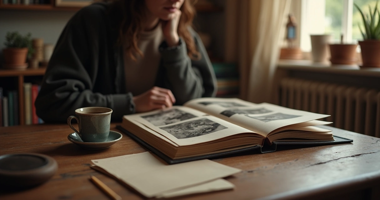 Pessoa olhando para um álbum de fotos antigo, sentada à mesa