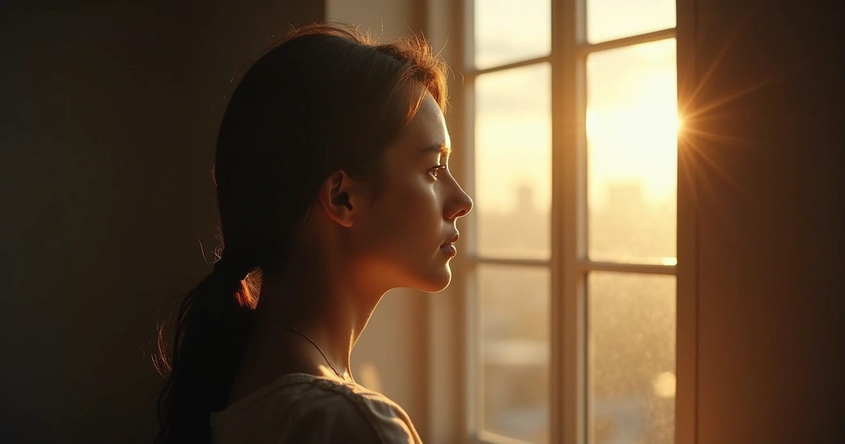 Pessoa olhando janela refletindo, metade luz do dia e metade sombra representando passado e presente 