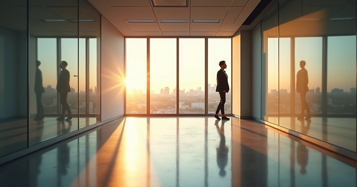 Pessoa em sala de reunião vazia olhando pela janela, refletindo durante pausa no trabalho