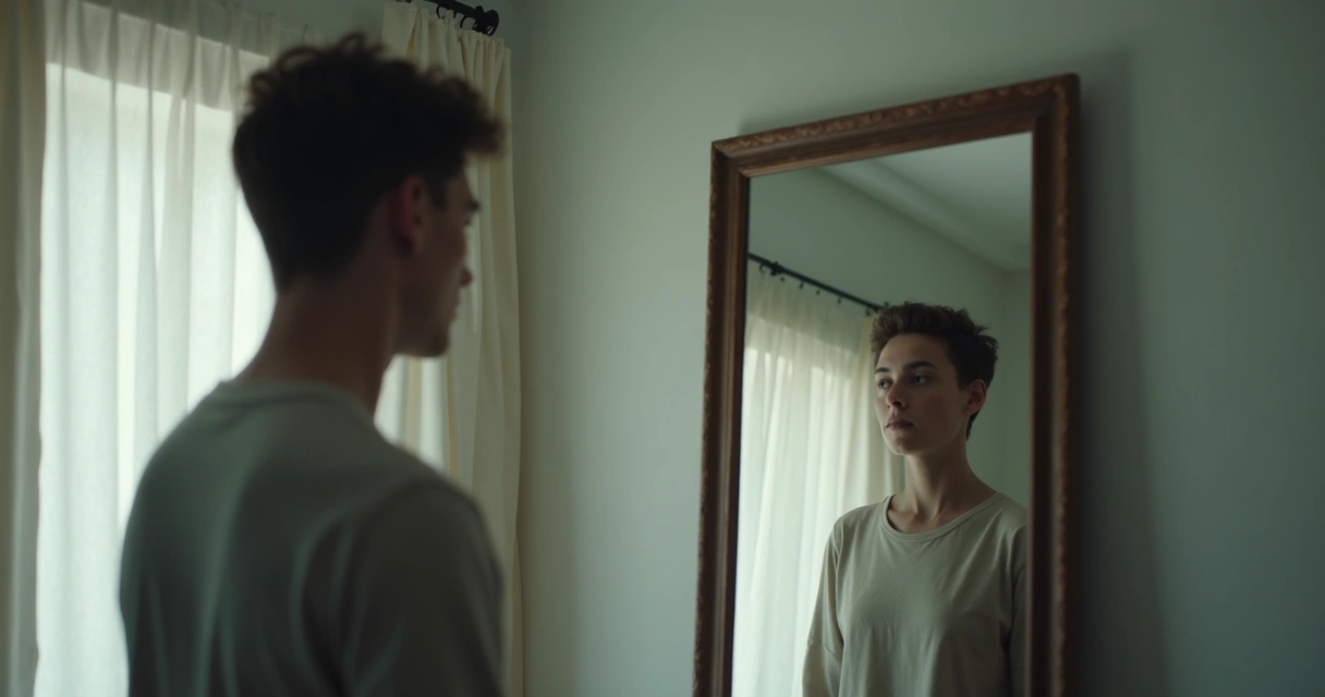 Pessoa olhando para si mesma no espelho refletindo sobre suas escolhas