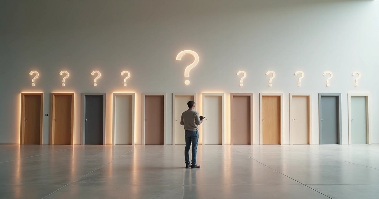 Pessoa em pé diante de parede de portas iluminadas pensando nas opções 